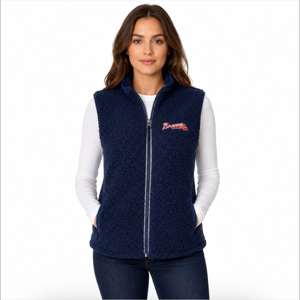Atlanta Braves Womens Vest Size Medium Antigua Blue Sherpa Fleece Zip Front New